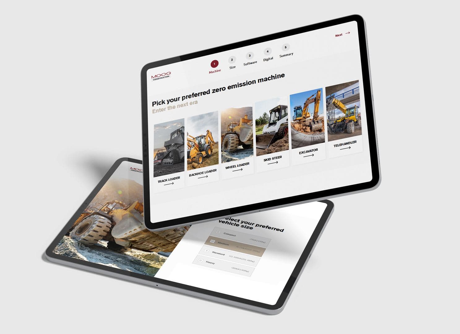 The Moog vehicle configurator on two tablets