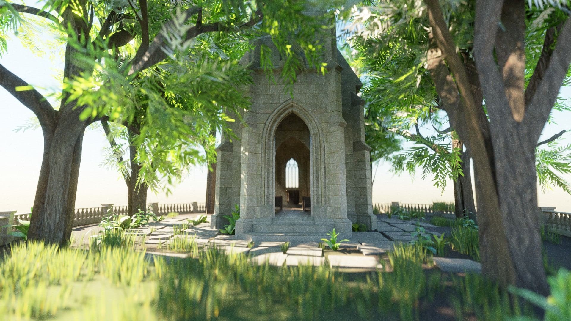 A gothic forest chapel among trees
