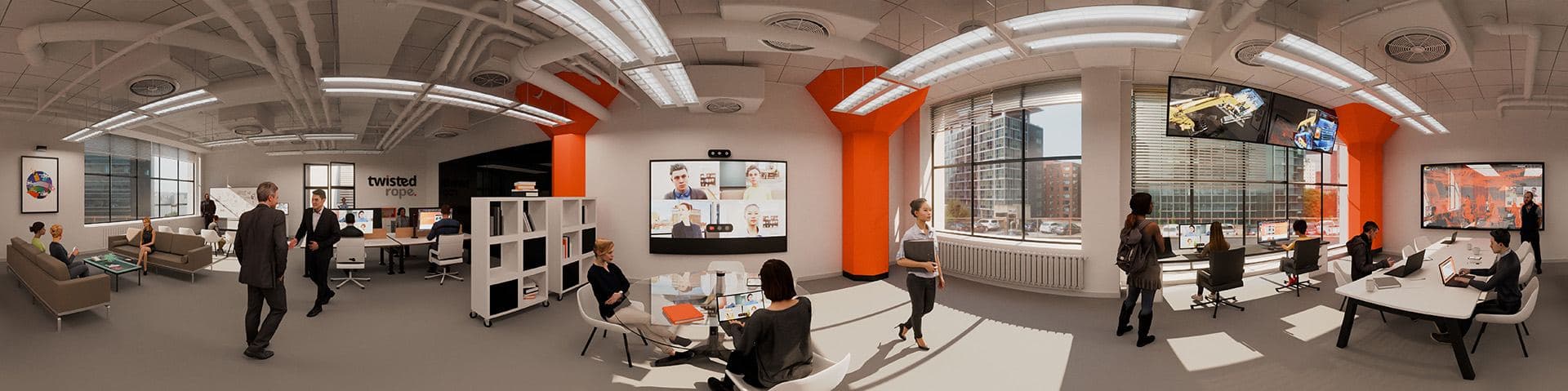 Panoramic 3D office scene with meeting areas and desks