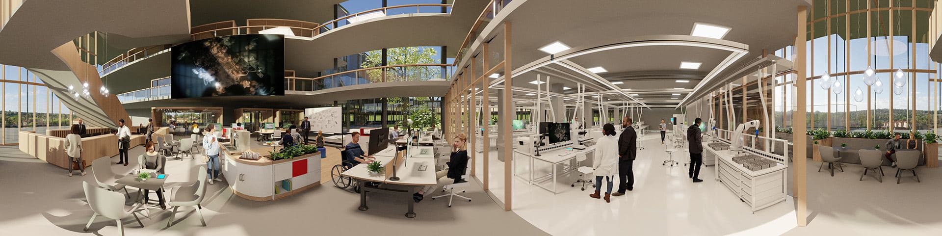 Panoramic 3D scene of an open-plan workspace